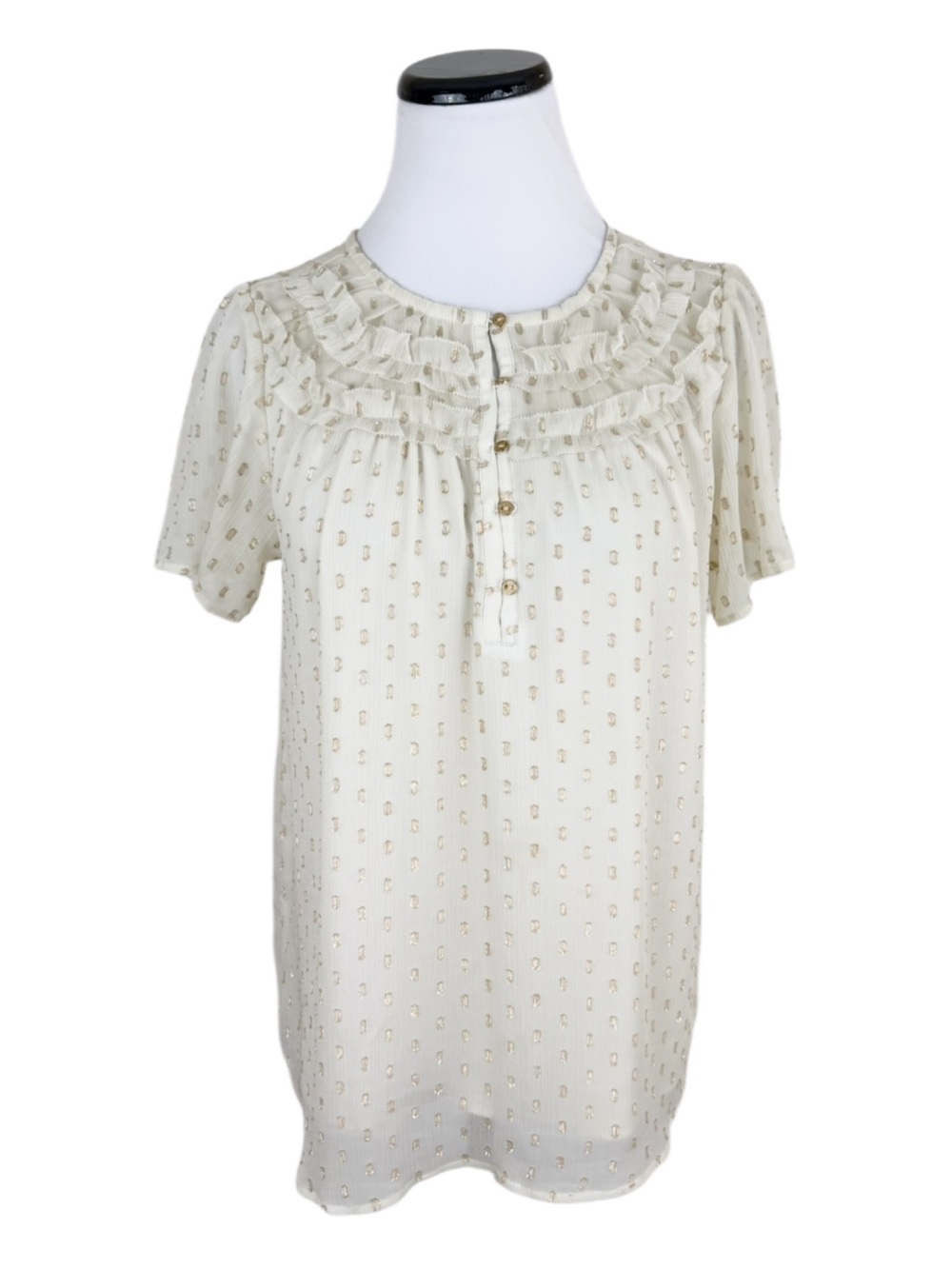 Ann Taylor Loft Metallic Ruffle Short Sleeve Blouse Cream Gold Size Small